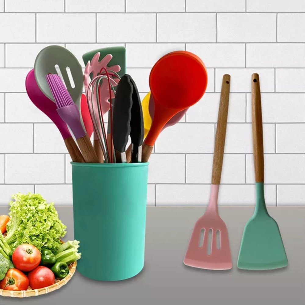 Kitchen Cooking Utensils Set 12 Pieces Silicone Wooden Handle High Heat Resistan